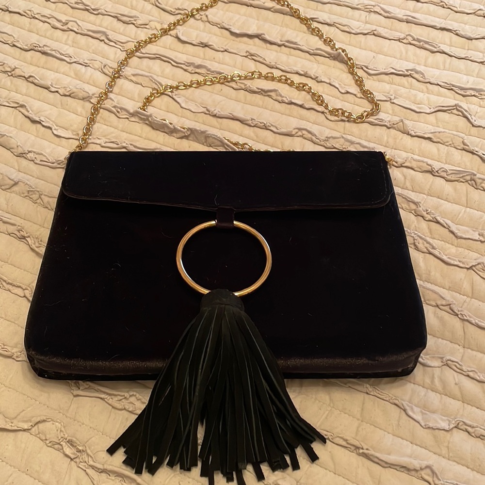 Anthropologie NEW Black sueded material + gold accent Clutch/ crossbody Purse